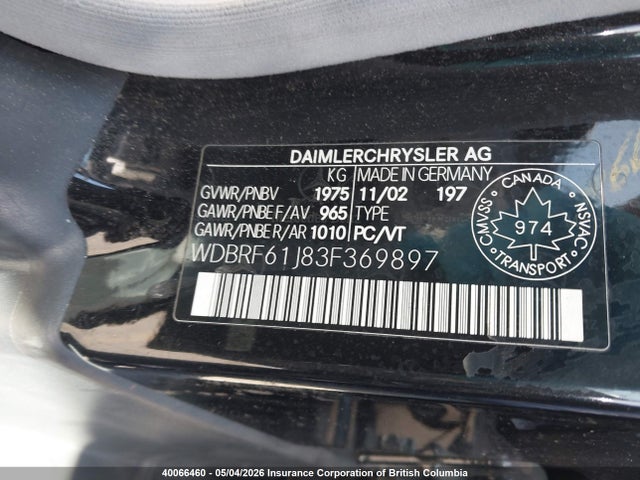 Aukcja sprzedaży 2003 Mercedes-benz C 240, vin: WDBRF61J83F369897, numer aukcji: 40066460