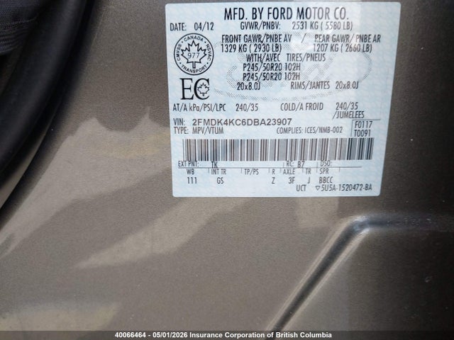 40066464 :رقم المزاد ، 2FMDK4KC6DBA23907 vin ، 2013 Ford Edge مزاد بيع