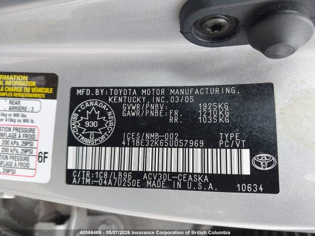 40066469 :رقم المزاد ، 4T1BE32K65U057969 vin ، 2005 Toyota Camry مزاد بيع