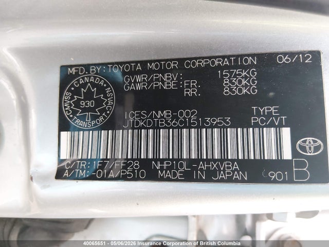 40065651 :رقم المزاد ، JTDKDTB36C1513953 vin ، 2012 Toyota Prius C مزاد بيع