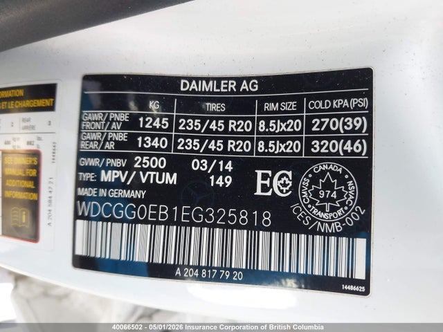 WDCGG0EB1EG325818 Mercedes-Benz Glk 250 Bluetec