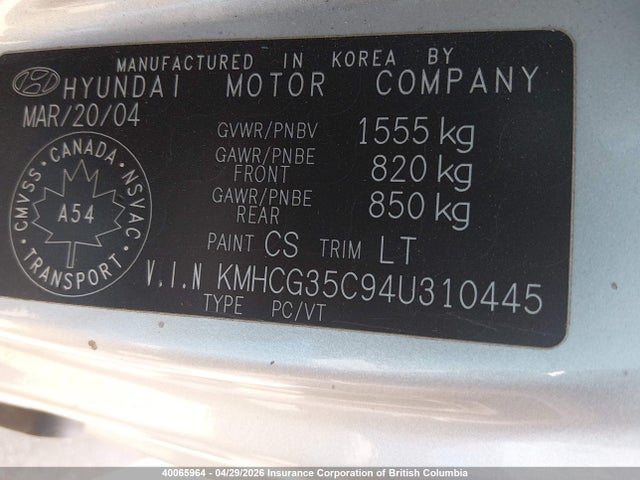 2004 Hyundai Accent Gs/gsi მანქანა იყიდება აუქციონზე, vin: KMHCG35C94U310445, აუქციონის ნომერი: 40065964