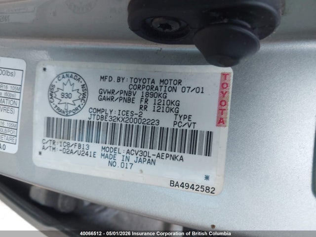 40066512 :رقم المزاد ، JTDBE32KX20002223 vin ، 2002 Toyota Camry مزاد بيع