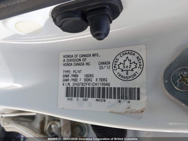 Продаж на аукціоні авто 2012 Honda Civic, vin: 2HGFB2F41CH119946, номер лоту: 40066513