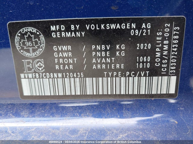 2022 Volkswagen Golf მანქანა იყიდება აუქციონზე, vin: WVWFB7CD8NW120435, აუქციონის ნომერი: 40066524