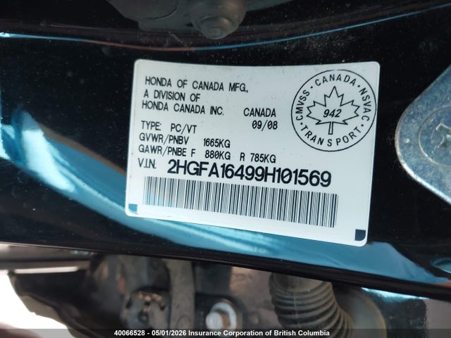 40066528 :رقم المزاد ، 2HGFA16499H101569 vin ، 2009 Honda Civic مزاد بيع