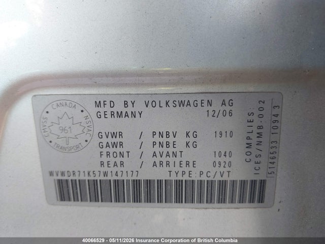 2007 Volkswagen Rabbit მანქანა იყიდება აუქციონზე, vin: WVWDR71K57W147177, აუქციონის ნომერი: 40066529