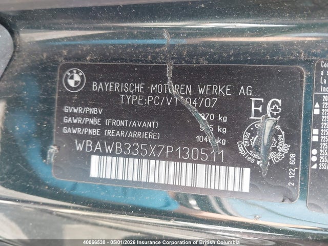 Продажа на аукционе авто 2007 Bmw 328i, vin: WBAWB335X7P130511, номер лота: 40066538