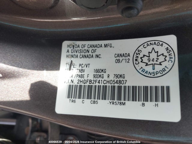 Aukcja sprzedaży 2012 Honda Civic, vin: 2HGFB2F41CH054807, numer aukcji: 40066539