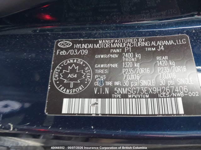 Продажа на аукционе авто 2009 Hyundai Santa Fe Gl, vin: 5NMSG73EX9H267406, номер лота: 40066552