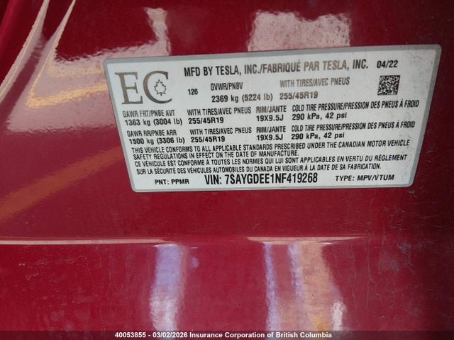 7SAYGDEE1NF419268 Tesla Model Y
