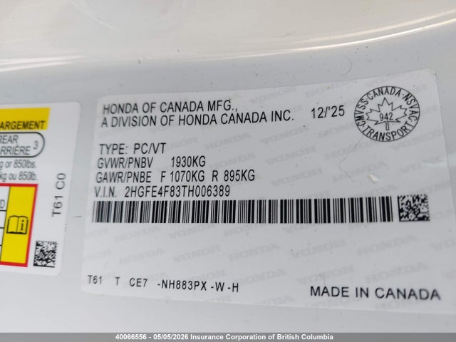 Продажа на аукционе авто 2026 Honda Civic, vin: 2HGFE4F83TH006389, номер лота: 40066556