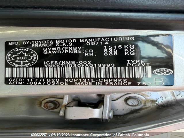 Aukcja sprzedaży 2015 Toyota Yaris, vin: VNKKTUD30FA019993, numer aukcji: 40066557
