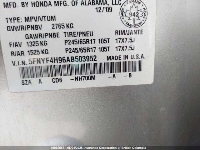 Aukcja sprzedaży 2010 Honda Pilot, vin: 5FNYF4H96AB503952, numer aukcji: 40066567