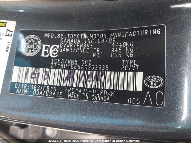 40066575 :رقم المزاد ، 2T1BU4EE8AC253535 vin ، 2010 Toyota Corolla Ce مزاد بيع