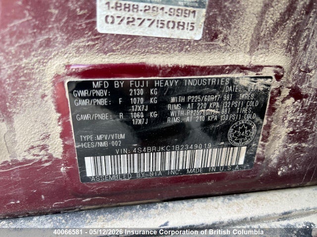40066581 :رقم المزاد ، 4S4BRJKC1B2349019 vin ، 2011 Subaru Outback 3.6r Limited مزاد بيع