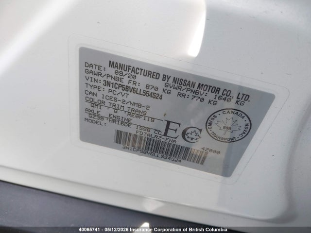 40065741 :رقم المزاد ، 3N1CP5BV6LL554524 vin ، 2020 Nissan Kicks S مزاد بيع