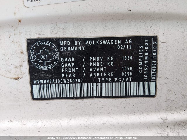 2012 Volkswagen Gti მანქანა იყიდება აუქციონზე, vin: WVWHV7AJ0CW260307, აუქციონის ნომერი: 40062783