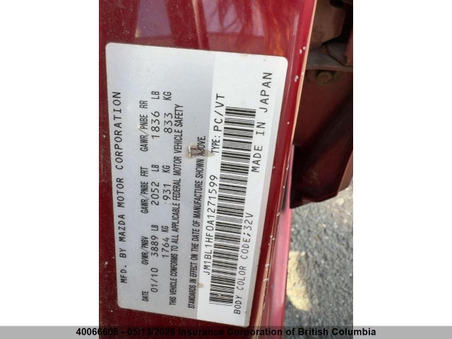 40066608 :رقم المزاد ، JM1BL1HF0A1271599 vin ، 2010 Mazda 3 Mazda Gx مزاد بيع