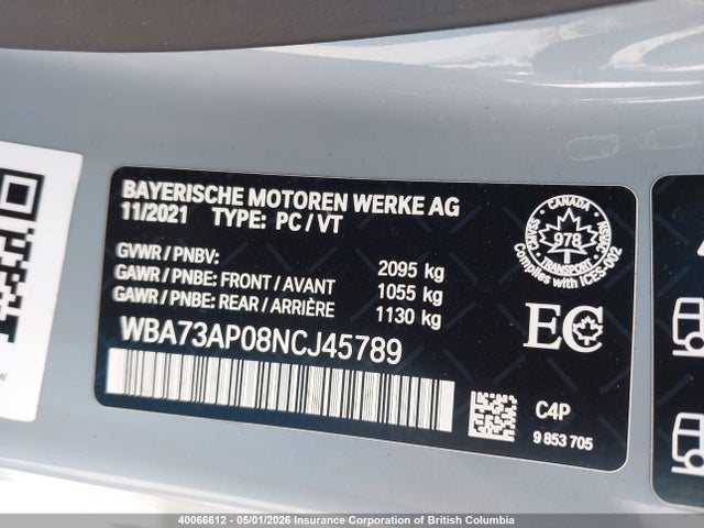 40066612 :رقم المزاد ، WBA73AP08NCJ45789 vin ، 2022 Bmw 430i مزاد بيع