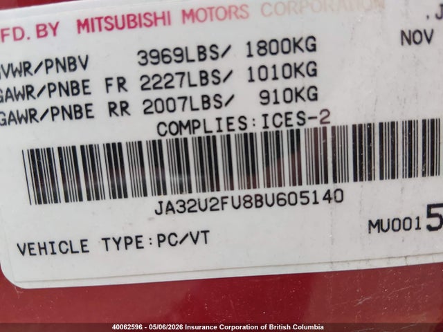 Продаж на аукціоні авто 2011 Mitsubishi Lancer Se, vin: JA32U2FU8BU605140, номер лоту: 40062596