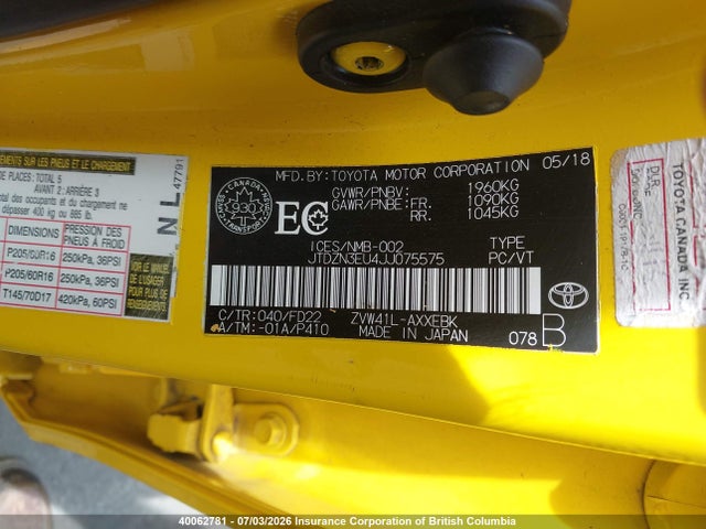 Aukcja sprzedaży 2018 Toyota Prius V, vin: JTDZN3EU4JJ075575, numer aukcji: 40062781