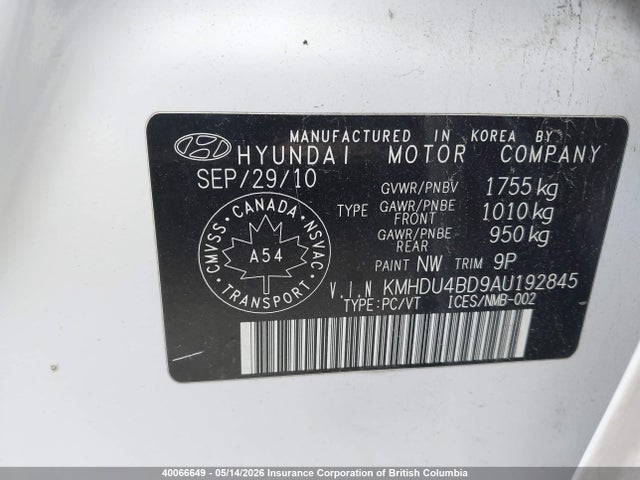 2010 Hyundai Elantra Gl მანქანა იყიდება აუქციონზე, vin: KMHDU4BD9AU192845, აუქციონის ნომერი: 40066649