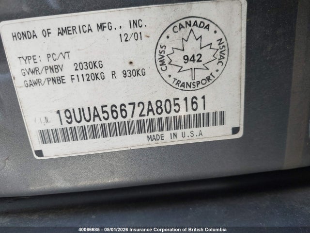 40066685 :رقم المزاد ، 19UUA56672A805161 vin ، 2002 Acura 3.2tl مزاد بيع