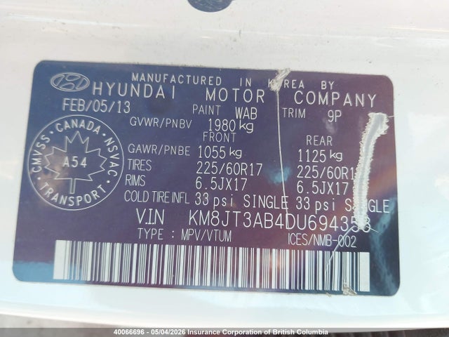 2013 Hyundai Tucson Gl მანქანა იყიდება აუქციონზე, vin: KM8JT3AB4DU694358, აუქციონის ნომერი: 40066696