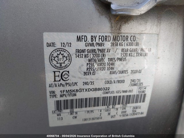 Aukcja sprzedaży 2013 Ford Explorer Sport, vin: 1FM5K8GTXDGB80322, numer aukcji: 40066704