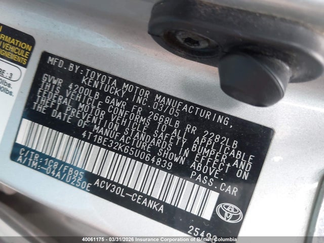 40061175 :رقم المزاد ، 4T1BE32K65U064839 vin ، 2005 Toyota Camry Le/xle/se مزاد بيع