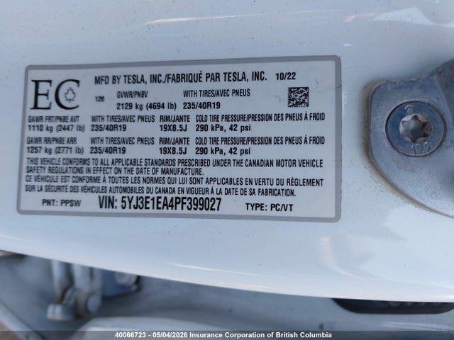 40066723 :رقم المزاد ، 5YJ3E1EA4PF399027 vin ، 2023 Tesla Model 3 مزاد بيع