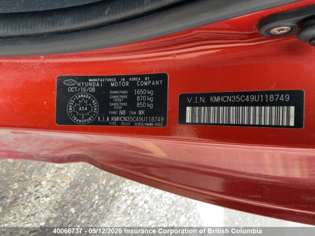 2009 Hyundai Accent Se მანქანა იყიდება აუქციონზე, vin: KMHCN35C49U118749, აუქციონის ნომერი: 40066737