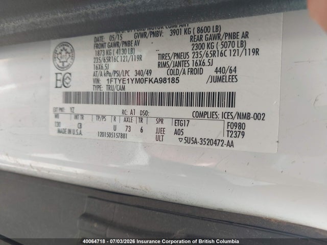 40064718 :رقم المزاد ، 1FTYE1YM0FKA98185 vin ، 2015 Ford Transit T-150 مزاد بيع
