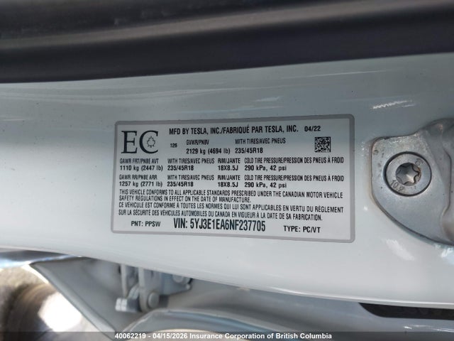 Продаж на аукціоні авто 2022 Tesla Model 3, vin: 5YJ3E1EA6NF237705, номер лоту: 40062219