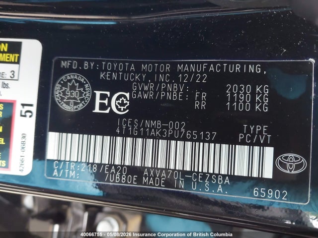 40066755 :رقم المزاد ، 4T1G11AK3PU765137 vin ، 2023 Toyota Camry مزاد بيع
