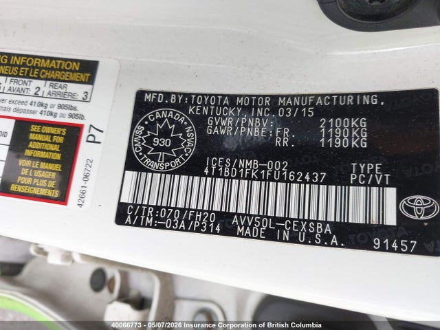 40066773 :رقم المزاد ، 4T1BD1FK1FU162437 vin ، 2015 Toyota Camry مزاد بيع