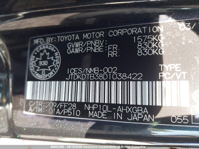 40062350 :رقم المزاد ، JTDKDTB38D1038422 vin ، 2013 Toyota Prius C مزاد بيع