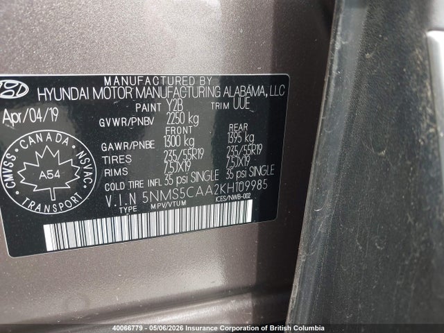 Продаж на аукціоні авто 2019 Hyundai Santa Fe Limited/ultimate, vin: 5NMS5CAA2KH109985, номер лоту: 40066779