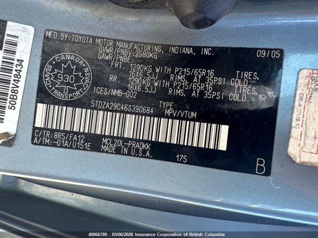 40066789 :رقم المزاد ، 5TDZA29C46S390684 vin ، 2006 Toyota Sienna Ce مزاد بيع