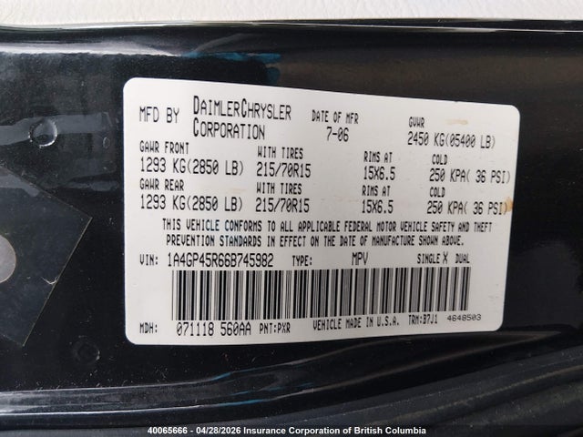 40065666 :رقم المزاد ، 1A4GP45R66B745982 vin ، 2006 Chrysler Town & Country مزاد بيع