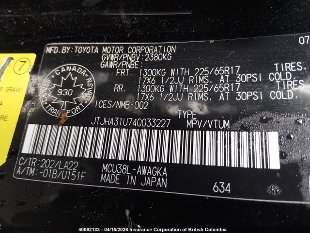 Aukcja sprzedaży 2004 Lexus Rx 330, vin: JTJHA31U740033227, numer aukcji: 40062133