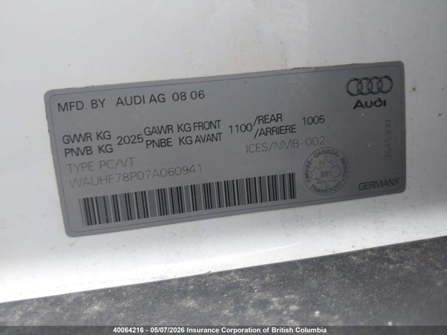 Aukcja sprzedaży 2007 Audi A3 2, vin: WAUHF78P07A060941, numer aukcji: 40064216