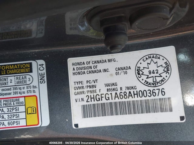 Продаж на аукціоні авто 2010 Honda Civic Lx, vin: 2HGFG1A68AH003676, номер лоту: 40066205