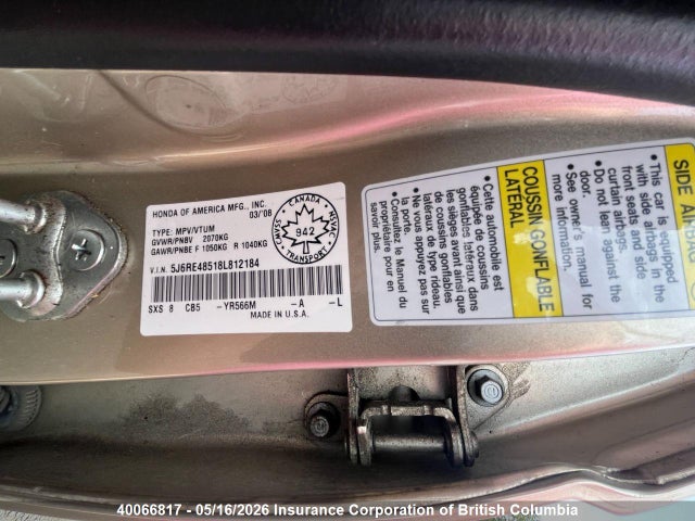 Aukcja sprzedaży 2008 Honda Cr-v, vin: 5J6RE48518L812184, numer aukcji: 40066817