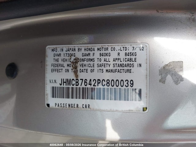 Aukcja sprzedaży 1993 Honda Accord Dx, vin: JHMCB7642PC800039, numer aukcji: 40062648