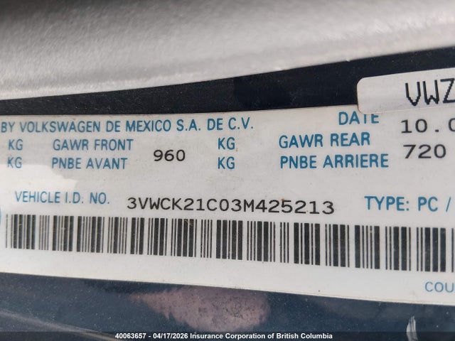 2003 Volkswagen New Beetle Gls მანქანა იყიდება აუქციონზე, vin: 3VWCK21C03M425213, აუქციონის ნომერი: 40063657