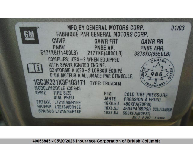 40066845 :رقم المزاد ، 1GCJK331X3F183171 vin ، 2003 Chevrolet Silverado K3500 مزاد بيع