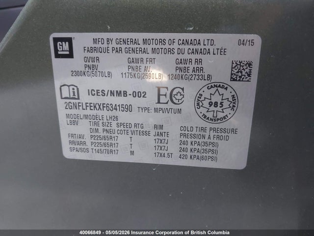 2015 Chevrolet Equinox 1lt მანქანა იყიდება აუქციონზე, vin: 2GNFLFEKXF6341590, აუქციონის ნომერი: 40066849