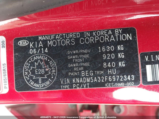 2015 Kia Rio Lx მანქანა იყიდება აუქციონზე, vin: KNADM5A32F6972343, აუქციონის ნომერი: 40064573